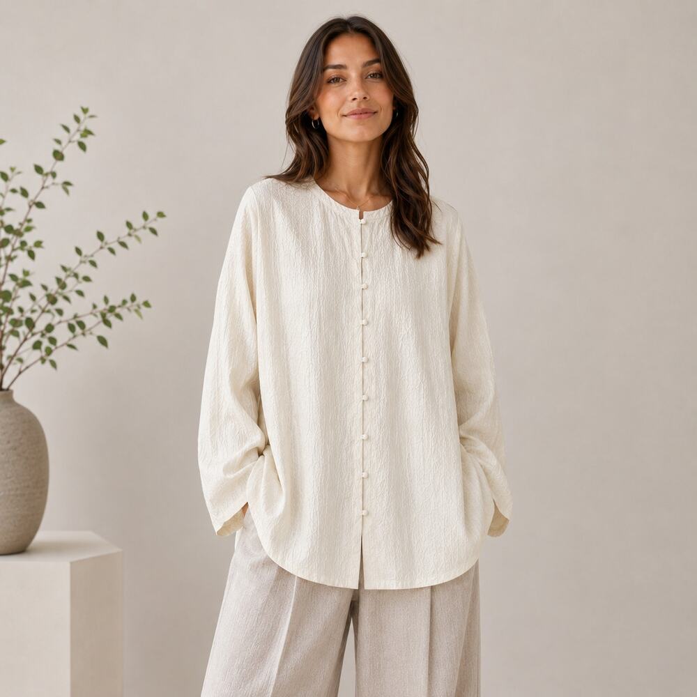 Eileen Fisher SZ S Oversized 100% Silk Crinkle Button Front Shirt Jacket Cream